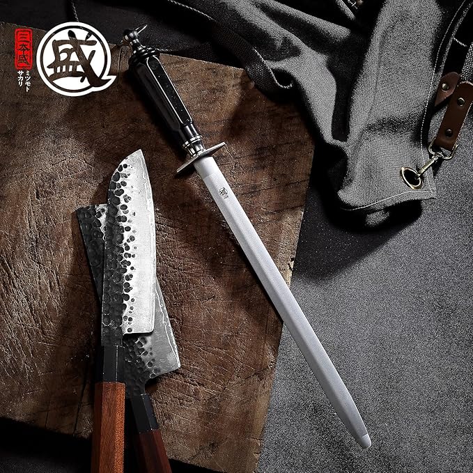 MITSUMOTO SAKARI 10 inch Japanese Honing Steel - Flat Diamond Knife Sharpening Rod, Professional High Carbon Sharpener with ABS Handle & Powerful Magnet