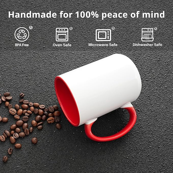 Ceramic 15oz White Sublimation Coffee Mug, 6 Assorted Colors of Black, Red, Blue, Yellow, Pink and Green, Case of 12