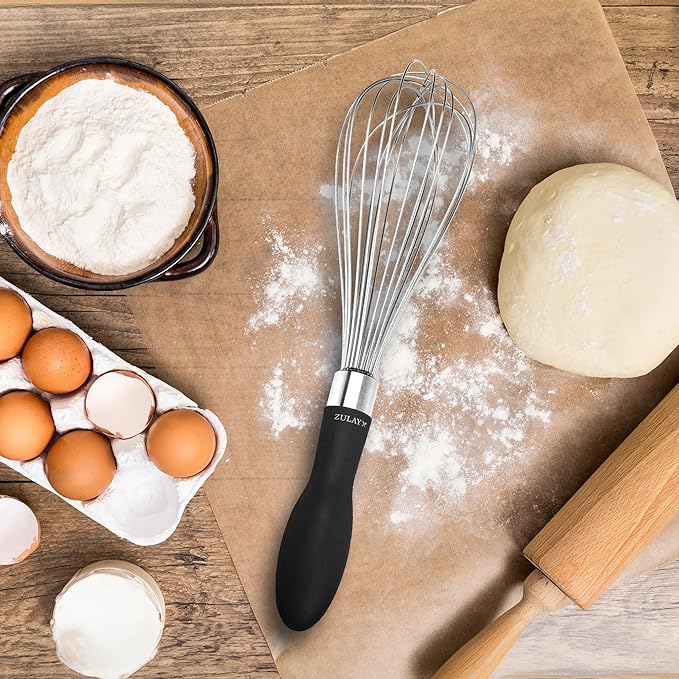 Zulay Kitchen Stainless Steel Balloon Whisk 11 Inch – Durable Wire Whisk with Soft Grip Silicone Handle – Versatile Kitchen Whisk for Blending, Beating, Frothing, Stirring & More - Black