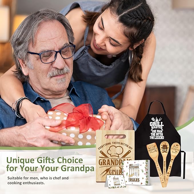 Grandpa Gifts, Christmas Grandpa Gifts from Grandkids, Wooden Cutting Board Utensils Set with Apron Grandparents, Fathers Day Birthday Kitchen Set