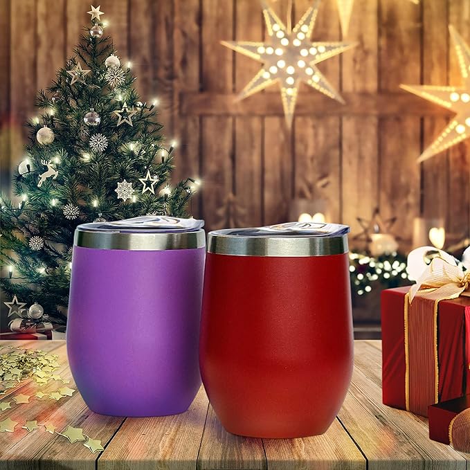 CHILLOUT LIFE 12 oz Stainless Steel Wine Tumbler with Lid - Double Wall Vacuum Insulated Wine Cup Glass Keeping Cold & Hot for Coffee, Champagne, Cocktails, Ice Cream - Powder Coated Red