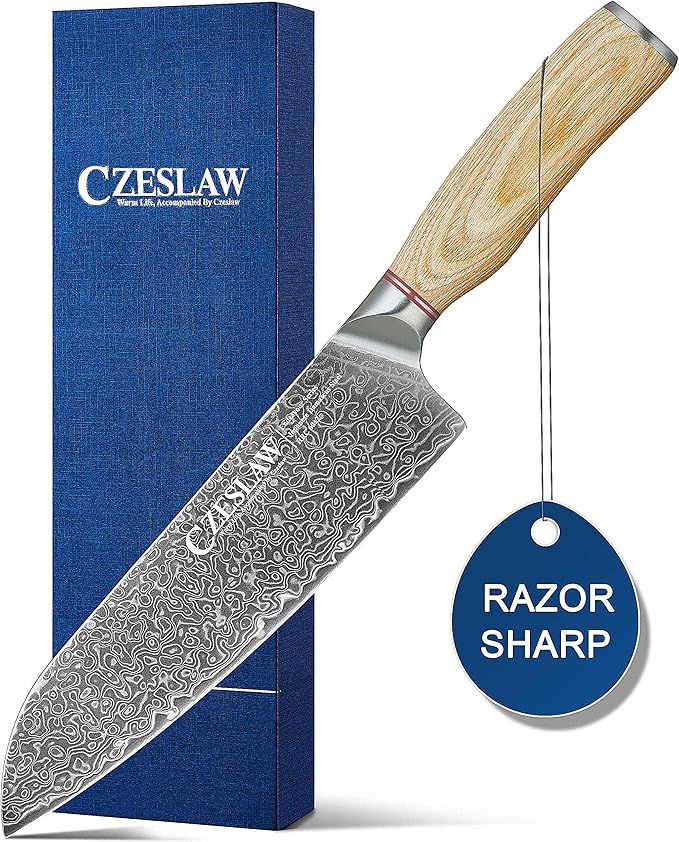 Chef Knife, Japanese Damascus Chefs Knife - kitchen knife, 8 Inch Professional Sharp Cooking Knife, Hand Forged Black Japanese Damascus Kitchen Knife, Full Tang, Ergonomic Maple Handle Design