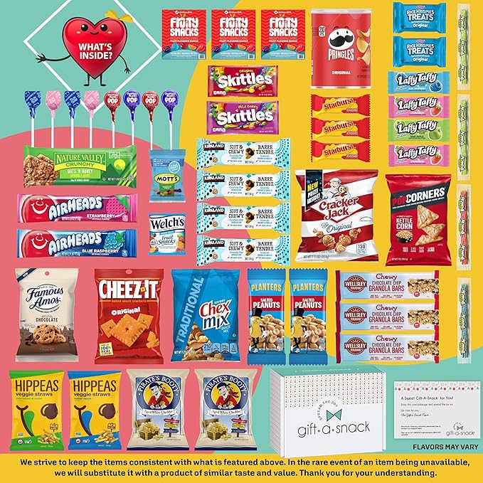 Gift A Snack - Holiday Christmas Stocking Stuffers, Snack Box Variety Pack Care Package + Greeting Card (50 Count) Xmas Birthday Sweet Treats Gift Basket, Candies Chips Crackers Bars
