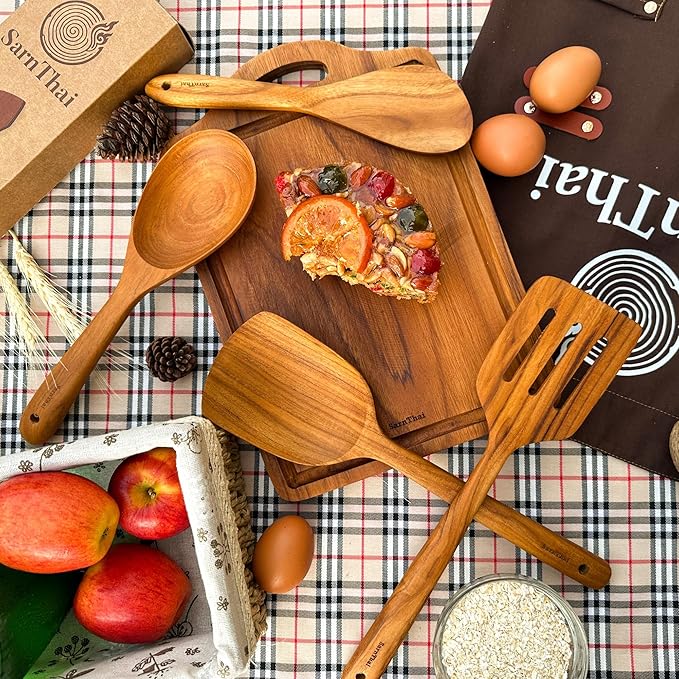 SarnThai Premium Teak Kitchen Utensil Set – 4-Piece Handmade Wooden Spatulas & Spoon for Cooking, Natural Teak Wood Tools Safe for Nonstick Pans, Eco-Friendly Thai Handmade Utensil Set