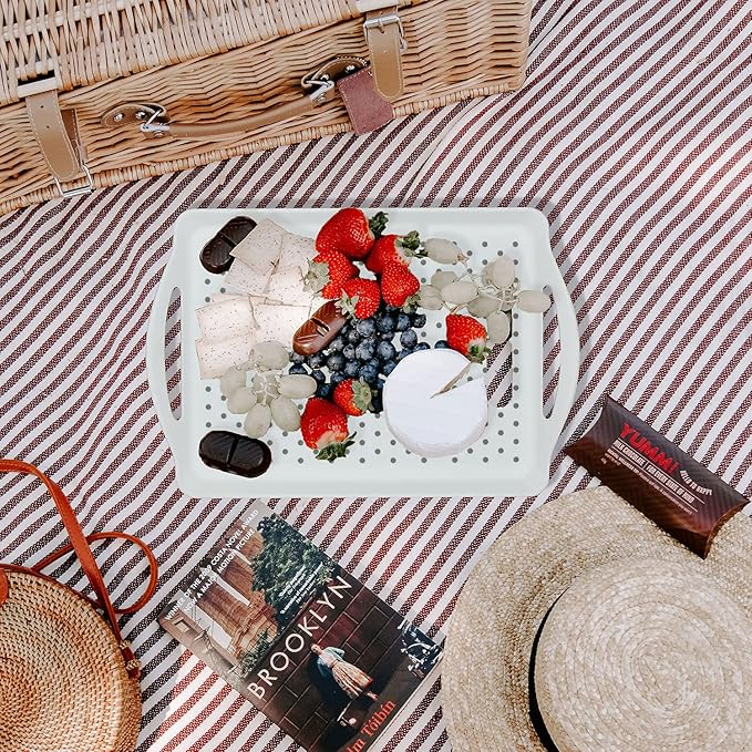 Non Slip Food Serving Tray with Handles, Rectangle Anti-Slip Non-Toxic Dishwasher Safe Tray for Snack Fruit Dessert Breakfast Drink Come with Cleaning Cloths, White