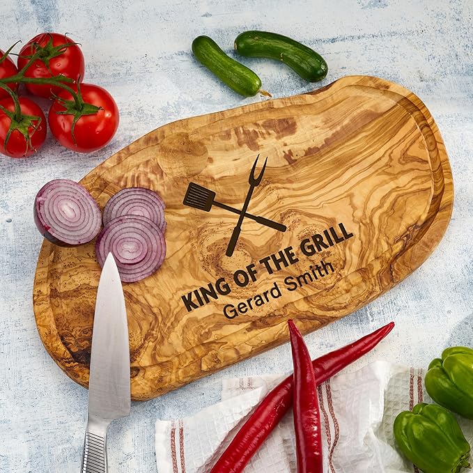 AWESOMETIK Juice Groove Personalized Olive Wood Grill Design Charcuterie Board – Custom Engraved BBQ Gift for Dad & Husband - Handcrafted - Natural - Premium Quality