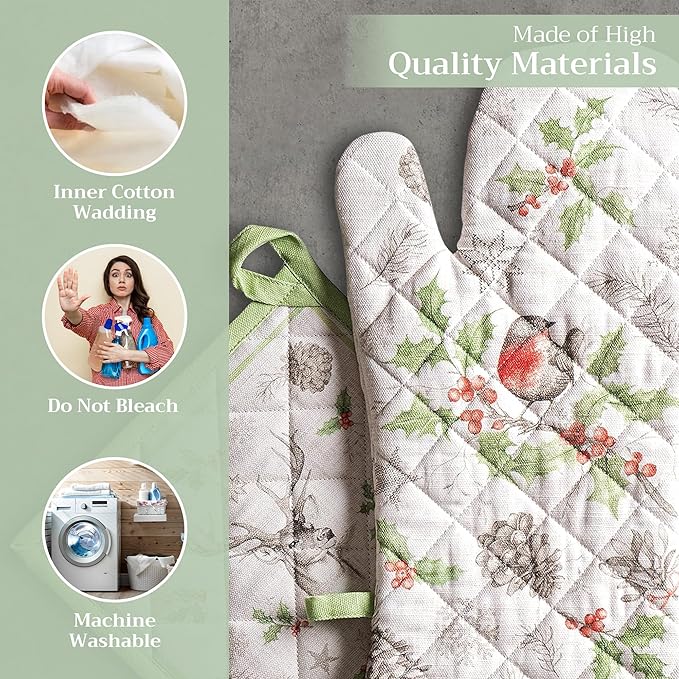 Maison d' Hermine 100% Cotton Oven Mitt & Pot Holder Set (7.5"x13" & 8"x8") Heat Resistant BBQ Cooking Gloves with Loop for Thanksgiving Christmas Decorations Handling Hot Pans (Christmas Dew)