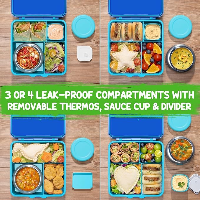 Fimibuke Bento Box for Kids Adult - Leakproof 3-4 Compartments Lunch Bento Box Set with Insulated Food Jar, Water Bottle, Lunch Bag, Sauce Cup & Cutlery for Toddler Teen Shcool Girl Boy Age 3+