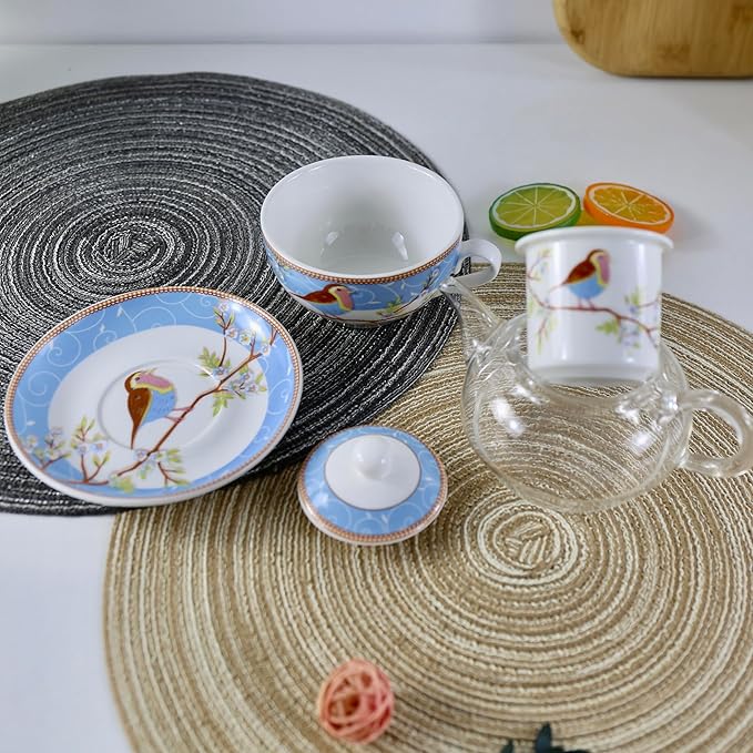Tea for One Set, Glass Teapot with Porcelain Infuser Strainer and Cup & Saucer- Happy Bird Pattern (Blue)