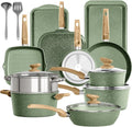 17 Piece Pots and Pans Set Non Stick, Nonstick Induction Granite Kitchen Cookware Sets, Induction Cookware Frying Pans, Nonstick Granite Cooking Set, Pan Sets for Cooking, Green