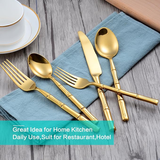 Silverware Set Gold Flatware Set Stainless Steel Bamboo Handle Cutlery Set Mirror Polished 60 Pieces for Home Kitchen Restaurant Hotel Wedding Housewarming Gift Service for 12