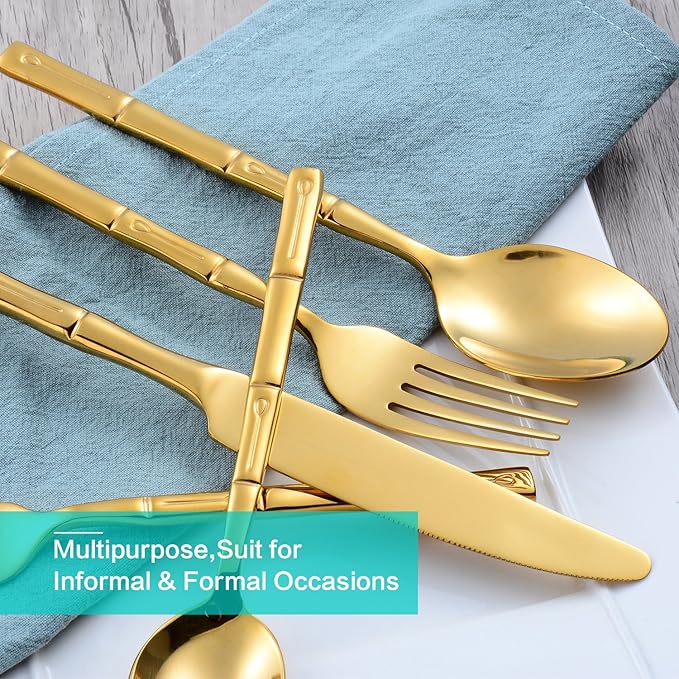 Flatware Set Gold Silverware Set with Bamboo Pattern Mirror Polished 20 Pieces Cutlery Set Housewarming Wedding Gift Service for 4