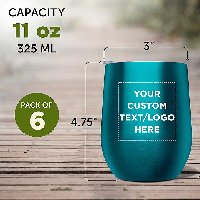Custom Stemless Wine Glass Tumblers with Lids by Largo 11 oz. Set of 6, Personalized Bulk Pack - Perfect for Wine, Cocktails, Other Hot & Cold Beverages - Teal