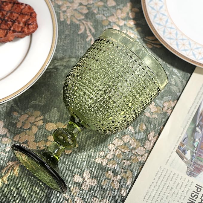 Joeyan Green Vintage Wine Goblet Glasses,Embossed Colored Stemmed Glass Cups,Hobnail Stemware Drinking Glasses,Romantic Beaded Glassware for Water Juice Cocktail,12 oz,Set of 4,Dishwasher Safe