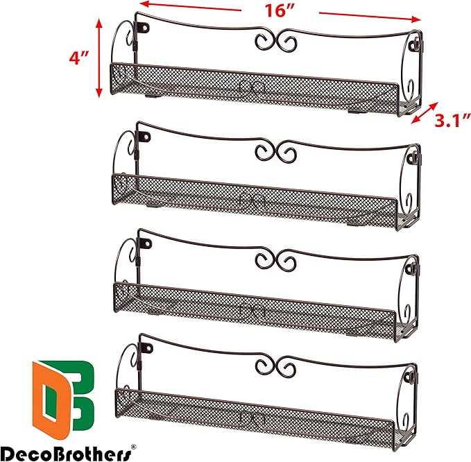 Deco Brothers Wall Mount Single Tier Mesh Spice Rack, 4 Pack, Bronze