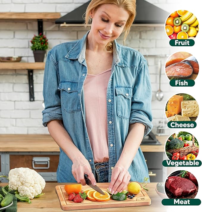 Wood Cutting Boards for Kitchen-Bamboo Cutting Board Set of 3, with Juice Grooves, Thick Chopping Board handles., Large, Natural