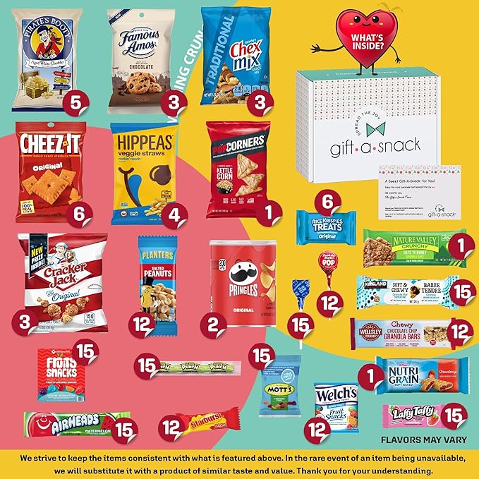 Gift A Snack - Holiday Christmas Stocking Stuffers, Snack Box Care Package Variety Pack + Greeting Card (200 Count) Xmas Birthday Sweet Treats Gift Basket, Candies Chips Crackers Bars