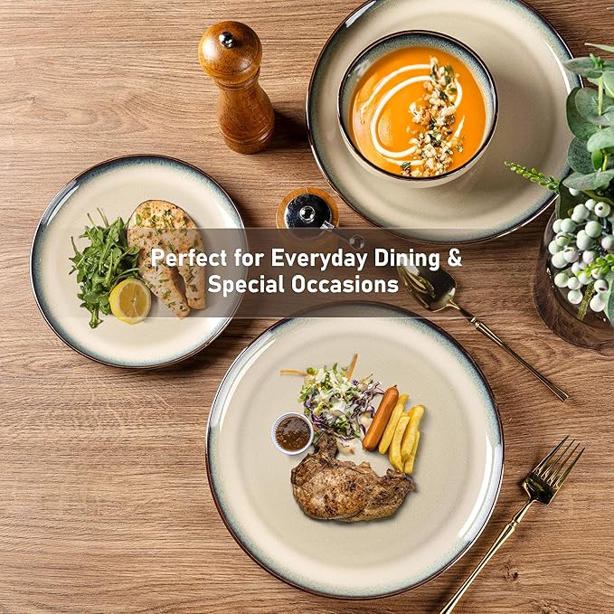 GBHOME Ceramic Dinnerware Sets for 4, 12 Pieces Stoneware Plates and Bowls Sets, Scratch Resistant Dishes, Dishwasher & Microwave Safe, Reactive Glaze-Gravel