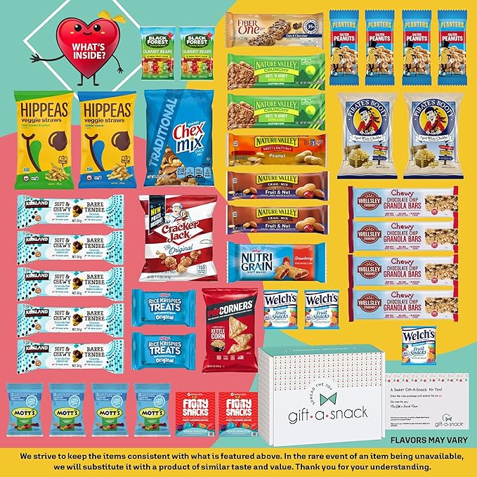 Gift A Snack - Holiday Christmas Stocking Stuffers, Healthy Snack Box Care Package + Greeting Card (40 Count) Xmas Birthday Treats Gift Basket, Nutritious Granola Breakfast Bars