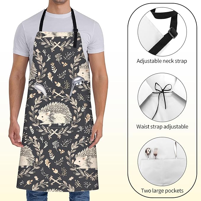 Cute Hedgehog Apron for Women with Woodland,28x33in,Rustic Kitchen Aprons with 2 Pockets,Oxford Fabric,Foliage Adjustable Dark Black Apron for Cooking Baking Gardening Chef,Gifts for Mom Wife