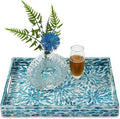 CLAYNIX Serving Tray 15.7" X11.8", Lacquer Mother of Pearl Inlay Mosaic Tray, Rectangle Wooden Marble Tray with Handles Trays for Tea, Breakfast in Bed, Table (Flower Style)