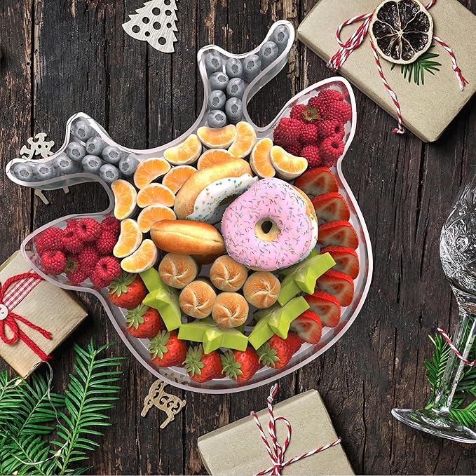 11" Christmas Elk Charcuterie Boards, Acrylic Reusable Serving Tray for Dessert Appetizer Display, Cute Reindeer Decorative Snack Platter for Xmas Party Table Decoration