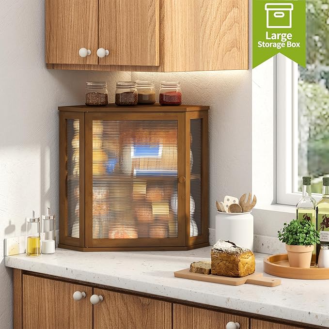 BMOSU Corner Bread Box for Kitchen Countertop Double Layer Bamboo Wooden Bread box Large Capacity Bread Storage Bin(Brown, Extra Large)