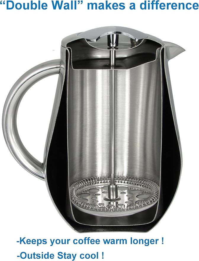 French Press Coffee Maker (1L) - Double Walled 18/10 Large Coffee Press with 2 Free Filters - Enjoy Granule-Free Coffee Guaranteed, Stylish Rust Free Kitchen Accessory - Stainless Steel French Press