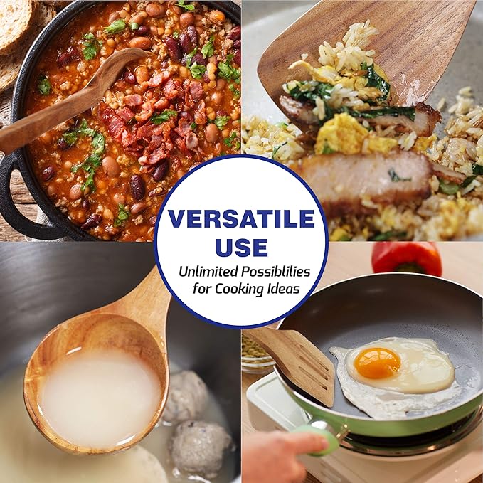 StarBlue Acacia Wooden Utensils Set 6 Pcs - Non-Scratching Durable Natural Wood Cooking Spatulas & Spoons for Nonstick Cookware with Holder