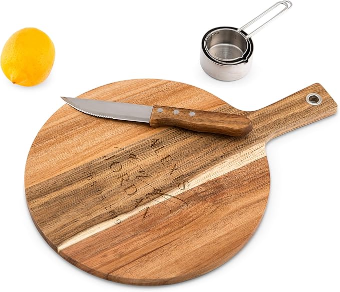 Weddingstar Personalized Wooden Round Cutting Board or Serving Board with Handle 12" x 16.5" - Modern Couple Etching