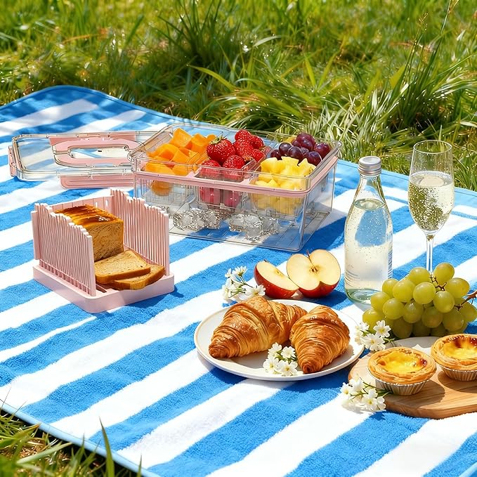 Bread Box with Slicer & Ice Chilled Condiment Caddy, Portable Airtight Bread Storage Container with Lid Handle for Kitchen Counter, Bread Keeper for Homemade Bread,Toast, Bagel, Cookies, Pink