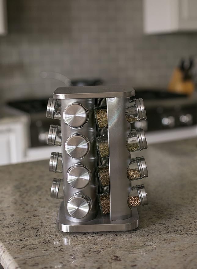 INTERNET'S BEST Revolving Spice Rack - Seasoning Storage with 16 Jars - Modern Stainless Steel Spinning Tower for Kitchen Countertop - Rotating Spice and Pantry Holder with Pre-Printed Labels - Sqaure