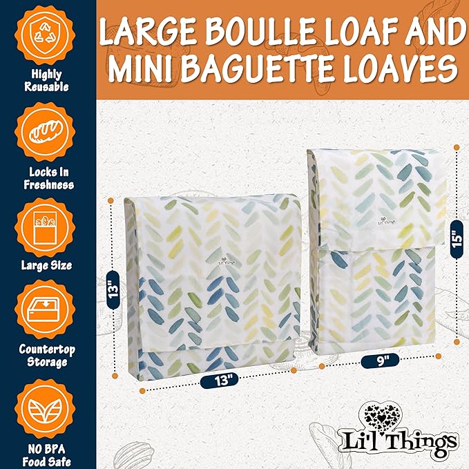 Li’l Things Beeswax Bread Bags 2.0 (Set of 2) – 13"×13" Boule Bag & 15"×9" Baguette/Oblong Bag – Cotton with Organic Beeswax Lining, Reusable Bread Storage, Plastic-Free, Washable - Paintbrush