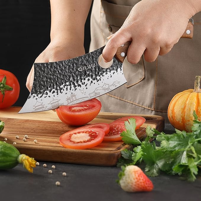 3PCS Butcher Knife Set, 7" Butcher Meat Cleaver, 7" Serbian Chef Knife and 6.5" Viking Knife, Kitchen Knife Set with wood Handle, Great for Indoor & Outdoor (Unique Pattern)