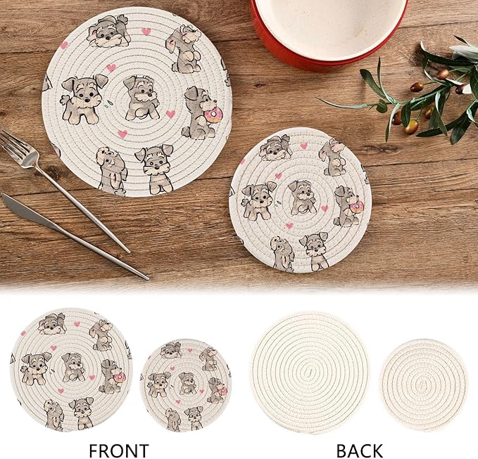 Kitchen Trivets Pot Holders Set of 2, Cute Schnauzer Hearts Trivets for Hot Pots Dishes Woven Trivet Coaster Pad Mat for Counter