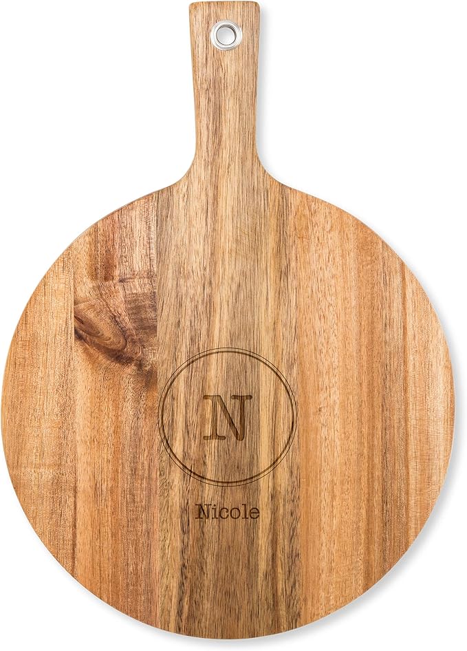 Weddingstar Personalized Wooden Round Cutting Board or Serving Board with Handle 12" x 16.5" - Circle Monogram Etching