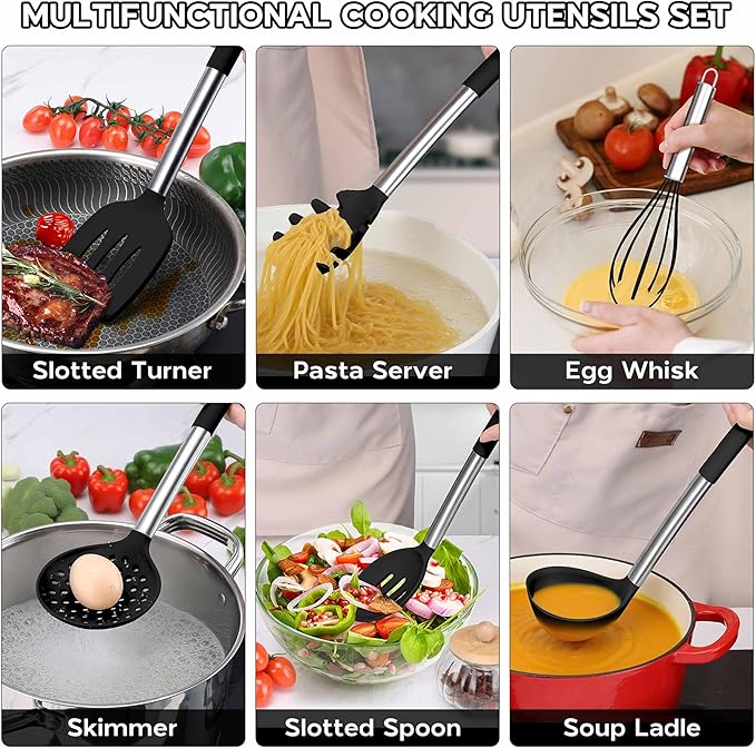 Onader Kitchen Utensils Set, 15 Pcs Silicone Cooking Utensils Set with Holder and Heat Resistant Stainless Steel Handle for Nonstick Cookware - Black