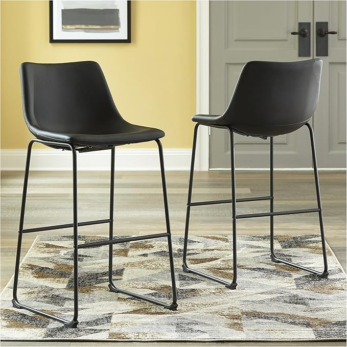 Signature Design by Ashley Centiar Casual Pub Height Bucket Seat Upholstered Bar Stool with Metal Base, Set of 2 , Faux Leather, 30" Seat Height, Black