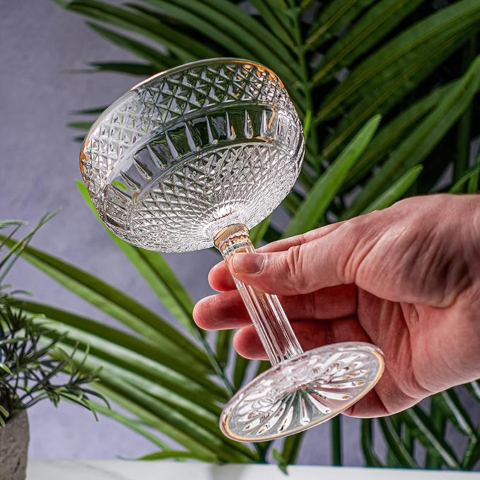 VEMACITY - Embossed Espresso Martini Glasses Set of 2 (10oz) - Gold Rim Coupe Glasses for Cocktails, Champagne & Margaritas - Vintage Art Deco Design | Ideal for Christmas & New Years