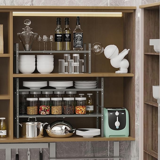 Expandable Stackable Spice Rack Cabinet Shelf Organizer in Cabinets Shelves Kitchen Cupboard Organization Stack up Racks Pantry Countertop Storage (Gray, Medium 2 Packs)