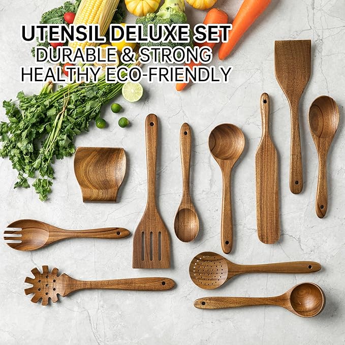 12 PCS Acacia Wooden Spoons for Cooking - Heat-Resistant, Comfort Grip,Easy to Clean, Non-stick Friendly - Kitchen Utensil Set with Holder, Spoon Rest & 6 Hooks, Ideal for Gifting