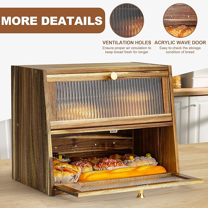 Acacia Wooden Bread Box for Kitchen Countertop,Extra Large 2 Layer Breadbox Holder Farmhouse Bread Storage Container Bread Bin Food Organizer Pantry Shelf Acrylic Window
