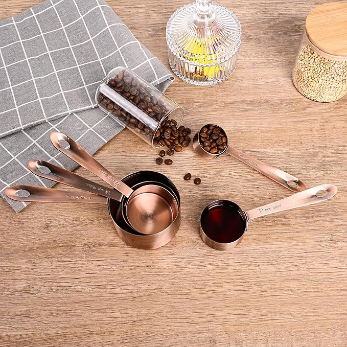 Copper Measuring Cups and Spoons Set, Stainless Steel Measuring Cups and Spoons Set 12, Metal Measuring Cups Set, 5 Measuring Cup Set and 6 Copper Measuring Spoons &Leveler for Kitchen