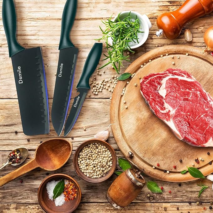 Dsmile 3-Piece Stainless Steel Kitchen Knife Set (Chef, Utility, Paring) with Clad Dimple and Knife Covers, For Chef Cooking Cutting