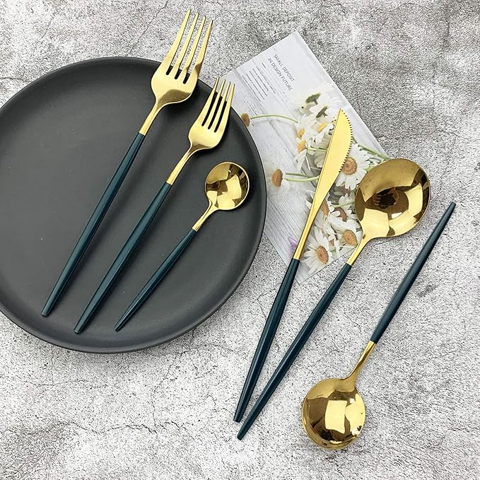 JASHII 18/10 Silver Silverware Set Stainless Steel Flatware Utensils Set Gold Cutlery Set| 36-Piece Modern Cubiertos Dorados| BEST Birthday Wedding Gift (6 sets, Green Handle Gold Mirror Polish)