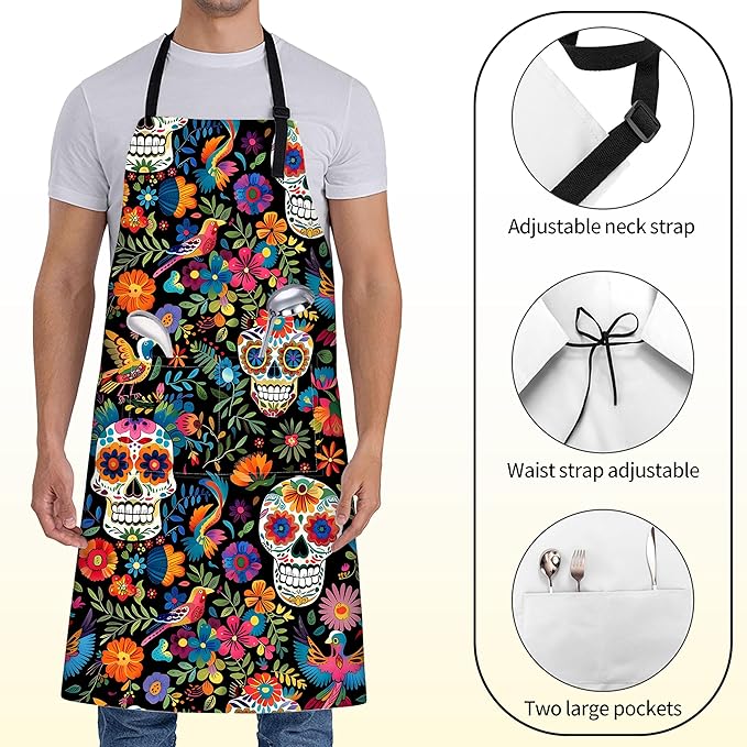Gothic Apron for Women with Sugar Skull and Floral,28x33in,Goth Kitchen Aprons with 2 Pockets, Oxford Fabric,Halloween Adjustable Apron for Cooking Baking Gardening Chef,Gifts for Mom Wife