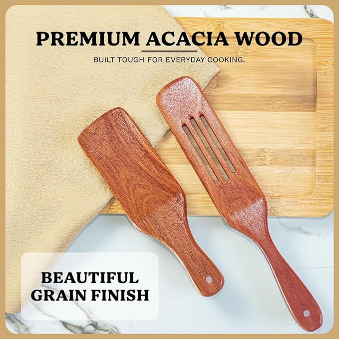 100% Natural Acacia Wooden Cooking Utensils Set - 10 Pcs Wooden Spurtle Set - Spurtles Kitchen Tools As Seen On TV Paddle - Safe for Nonstick Cookware - Stirs Like a Spoon, Flips Like A Spatula