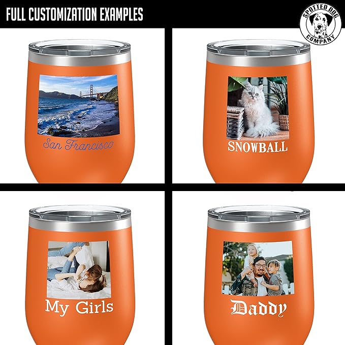 Personalized 12oz (17 Colors) Mother's Day Photo Printed Insulated Stainless Steel Powder Coated Stemless Wine Tumbler with Lid, Customized Gift Idea for Her, Custom Coach Gifts Team Mom Dad (Orange)