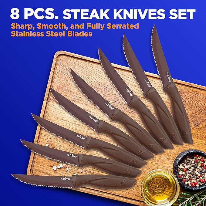 NutriChef SereneLife Stainless Steel Knife Set, 8 Pcs. - Non-Stick Coating, Sharp Serrated Blades, Professional Kitchen Set, Rust-Resistant, Dishwasher Safe, Ideal for BBQ & Grilling, Yellow