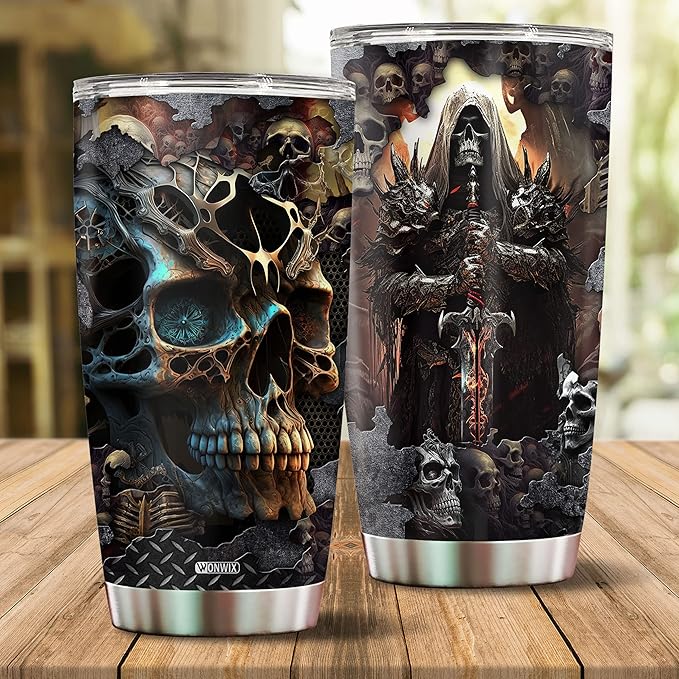 Skull Tumbler, Birthday Gifts For Men Who Love Skulls Coffee Mug Cup Christmas Valentine Gift Water Bottle Black Tumblers 20oz Stainless Steel Travel Cups With Lid